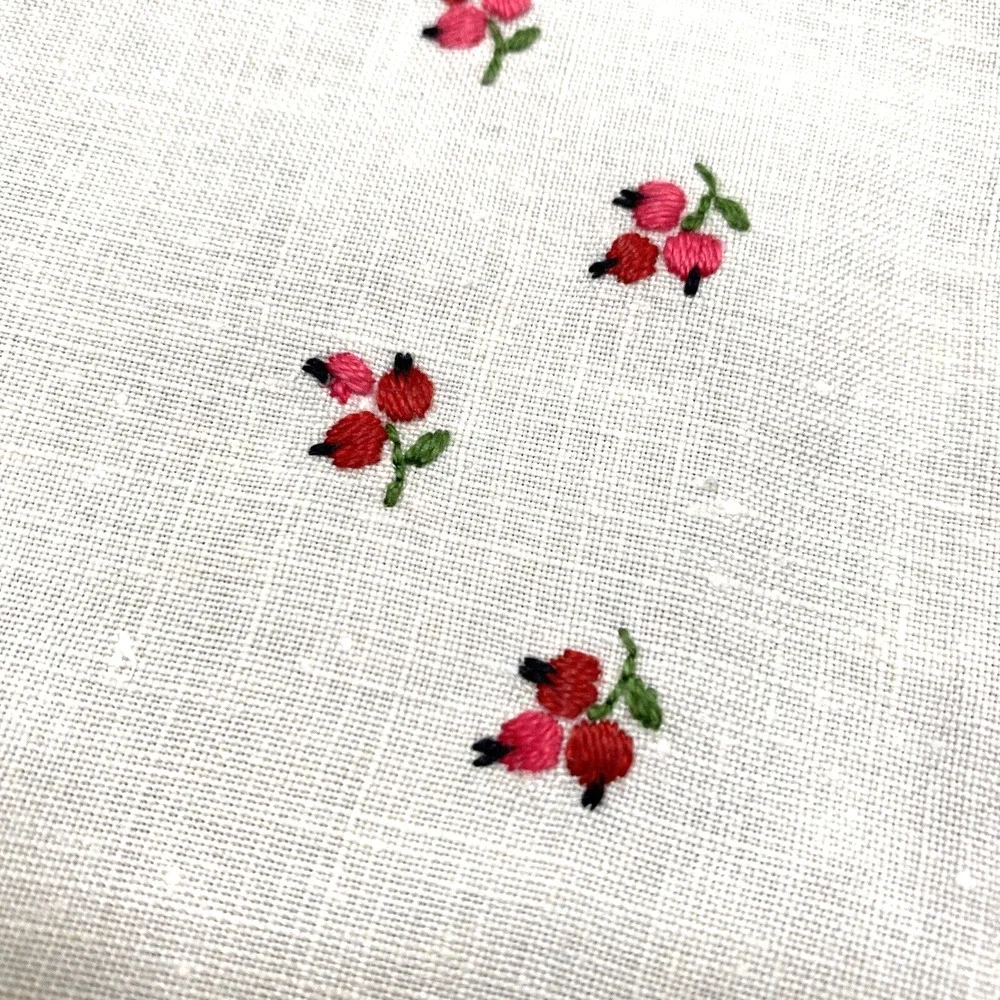 Vintage Set of Cloth Luncheon Placemats (4) Red & Pink Floral Embroidery Details